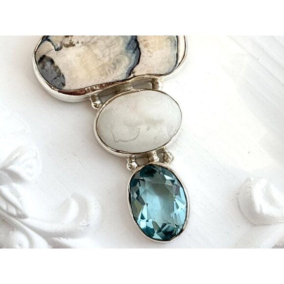 Agate, Mother of Pearl & Aquamarine Gemstone Sterling Silver 925 Vintage Pendant - Picture 4 of 10